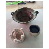 3 pottery pieces, large hanging bowl, candle ring, planter