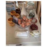Ashtrays, vase, canister, pitcher, butter dish, mugs