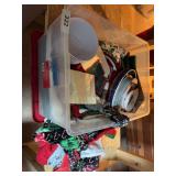 Christmas dish towels, plastic plates & bowls, misc
