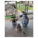 Blue vase,  kerosene lamp Lamp Light USA, faux orchid in pot, miniature delft blue plate