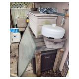 Patio table, deck boxes, umbrella