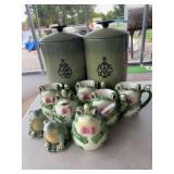 Metal FLOUR and SUGAR canister, 4 frog mugs, creamer, sugar, salt and pepper