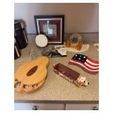 Framed picture, coasters, cheese cutting kit, small mirror, misc