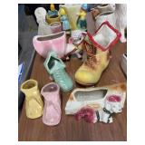 6 vintage planters, shoes, lamb, elf