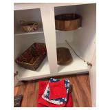 Wood bowls, wicker baskets, cloth dish holders