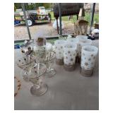 Decanter musical lantern, pressed harp dishes, snowflake glasses in finger loop holders