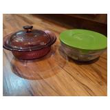 Baking dishes, covered bowls, pie plate, plastic mixing bowls
