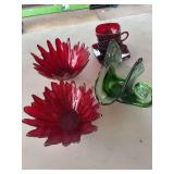 Red dishes( handle on one mug broken), green art glass dish