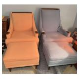His 28" x 37" x 30" & hers 28" x 32" x 30" mid-century modern lounge chairs with dark wood armrest caps, tapered legs & ottomans 22" x 14" x 19"
