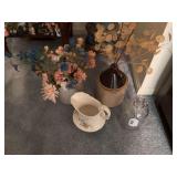 Crock , Vintage 2 tone stoneware whiskey jug , whitehouse vinegar jug and vintage porcelain pitcher with small chip on rim