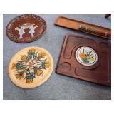 Painted wooden plates, wooded serving trays