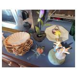 Shell decor, bunny porcelain music box, mouse plate, natural rock tile vase, clear glass floral holder