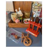 Wood box, art glass vase, cat vase, duck napkin holder, frog sugar shaker. indoor garden tool kit