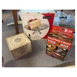 Stoneware microwave cooker, garlic cellar, Anchor Wexford cake platter