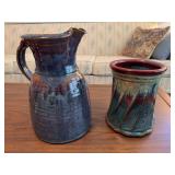 Pottery pitcher 9.5" and jar 7"