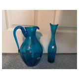 Blenko pitcher and Blenko crackle glass vase