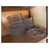 Lot of pattern glass berry bowls and snack plates, clover dish