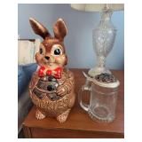 Bunny ceramic cookie jar 12", engraved glass stein