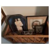 Old wooden baby crib and old pictures . Crib is 24.5x 15x 19.5”