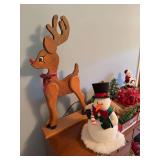 Wooden reindeer 32", stuffed snowman, miscellaneous Christmas decor