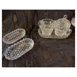 Fostoria creamer and sugar with tray, 2 Fostoria oval dishes 6” long