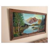 Log cabin sceenic painting signed 53x31 signed by Dad B Hilders