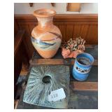 Signed Pottery vases, cat planter