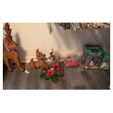 Wood deer decor. Stain glass church & lighthouse, sleigh