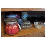 Lot of candle holders and candles, gold vase, potpourri holder