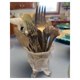 Vintage Coin Glass spooner, lot of silver plate flatware