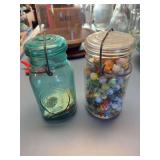Ball jar with glass lid full of marbles, Bicentennial Ball jar with glass lid with bicentennial coins