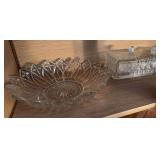 Divided bowl with raised frosted flowers, covered dish with hearts, petal pattern bowl, 2 oval dishes