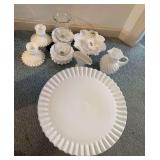 Fenton Hobnail milk glass cake stand, hobnail candle holders, small Fenton fan vase, creamer
