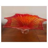 Large red/orange art glass pedestal vase 24" dia x 9" t, book, tissue holder