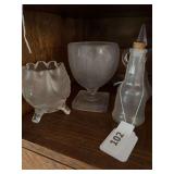 Vintage cruet, bottle, footed dish, pedestal vase