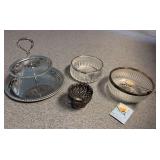 Gorham silver plate rim crystal bowl, Raimond English lead crystal bowl with silver plate trim, silver plate tiered tray, silver plate vase