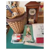 Clock, waste baskets, fasteners, sewing kits