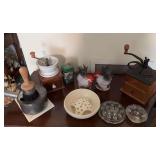 Coffee grinders , flower frogs , roasters , cast iron rifle , vintage printshop dampener , vintage double pointed pickaxes