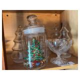 6 Christmas tree canisters, painted Christmas canister, Christmas pedestal bowl