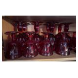 Lot of red glass goblet and wine glasses, plate, 2 sherbets
