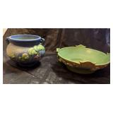 Roseville Pottery bowl “Fuchsia Blue” pattern, vintage Roseville Pottery double-handled bowl in the “Poppy” pattern