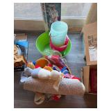 Plastic buckets, tubs, rug, misc