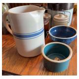 1 gallon crock, small crock bowl, pitcher, small unmarked UHL crock, crock cannisters