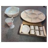 Vegetable tray, 5 Demi-Tasse cups, Fireking bowl, Mead Johnson advertising mug for ProSobee