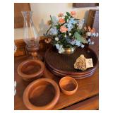 Wooden wicker round tray, 3 wood bowls, flowers in brass planter, wood candle holder, Santa gourd
