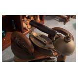 2 cast irons , a Diamond Iron , and cast iron tea pot