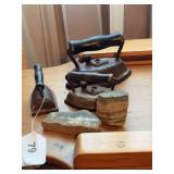 3 small steam irons, 2 pcs of sandstone