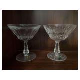 2 Waterford Crystal Rosslare Champagne Tall Sherbet / Coupe Glasses 4 3/4", Green art glass vase 10", green glass vase 9" (probably vaseline glass)