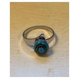 Sterling & turquoise ring, 4 turquoise & silver rings (possibly sterling), spoon ring
