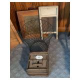 Vintage egg crate carrier. Wash board, wire waste basket, pierced tin